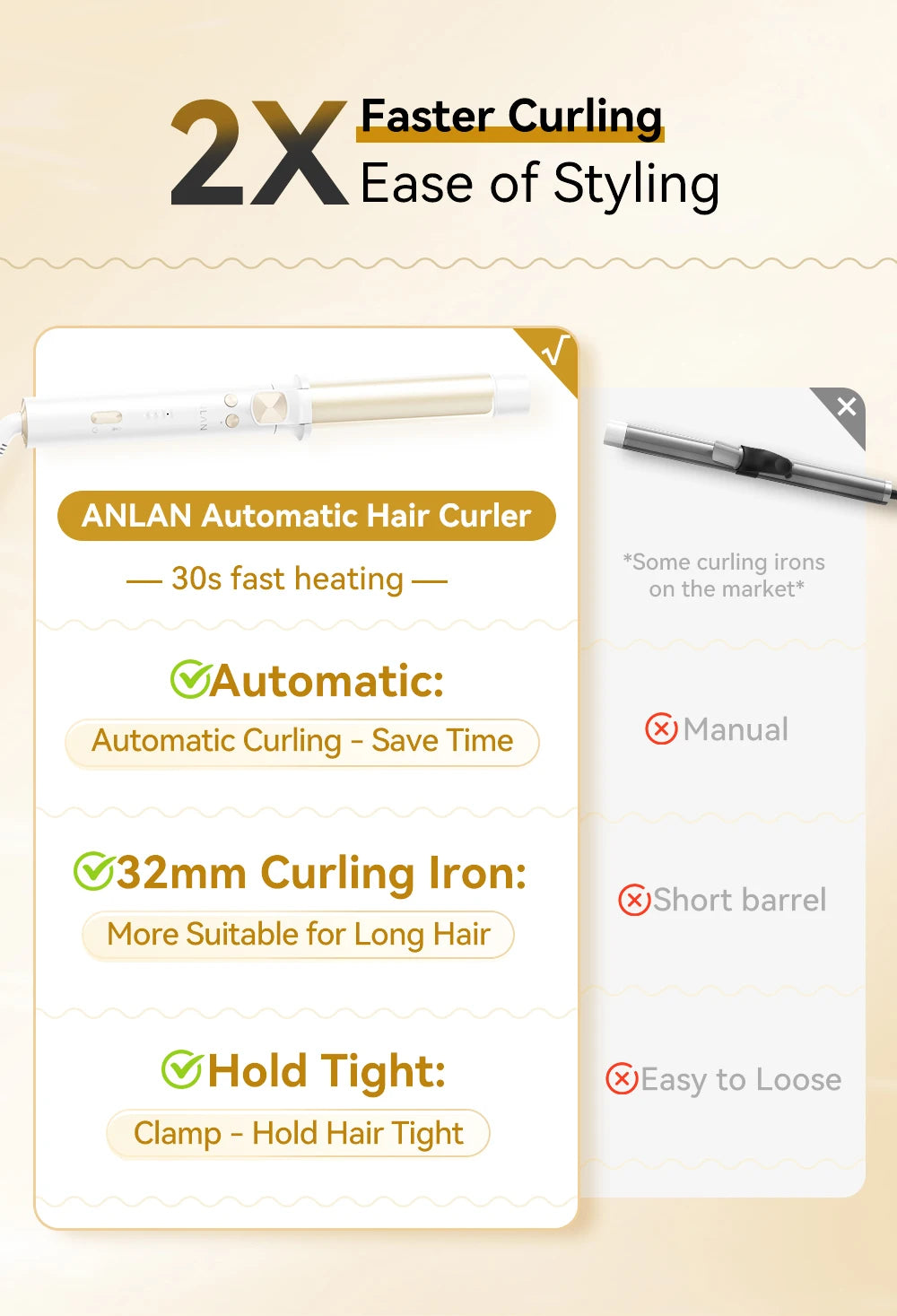 ANLAN Automatic Curling Iron | 30s Heat, Smart Temp, Ceramic Curls