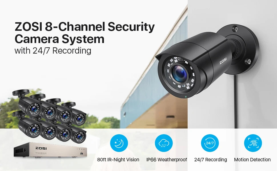 ZOSI 8CH 5MP Lite CCTV Security System – H.265+ HD‑TVI DVR Kit with 8× 1080p Outdoor Night Vision Cameras