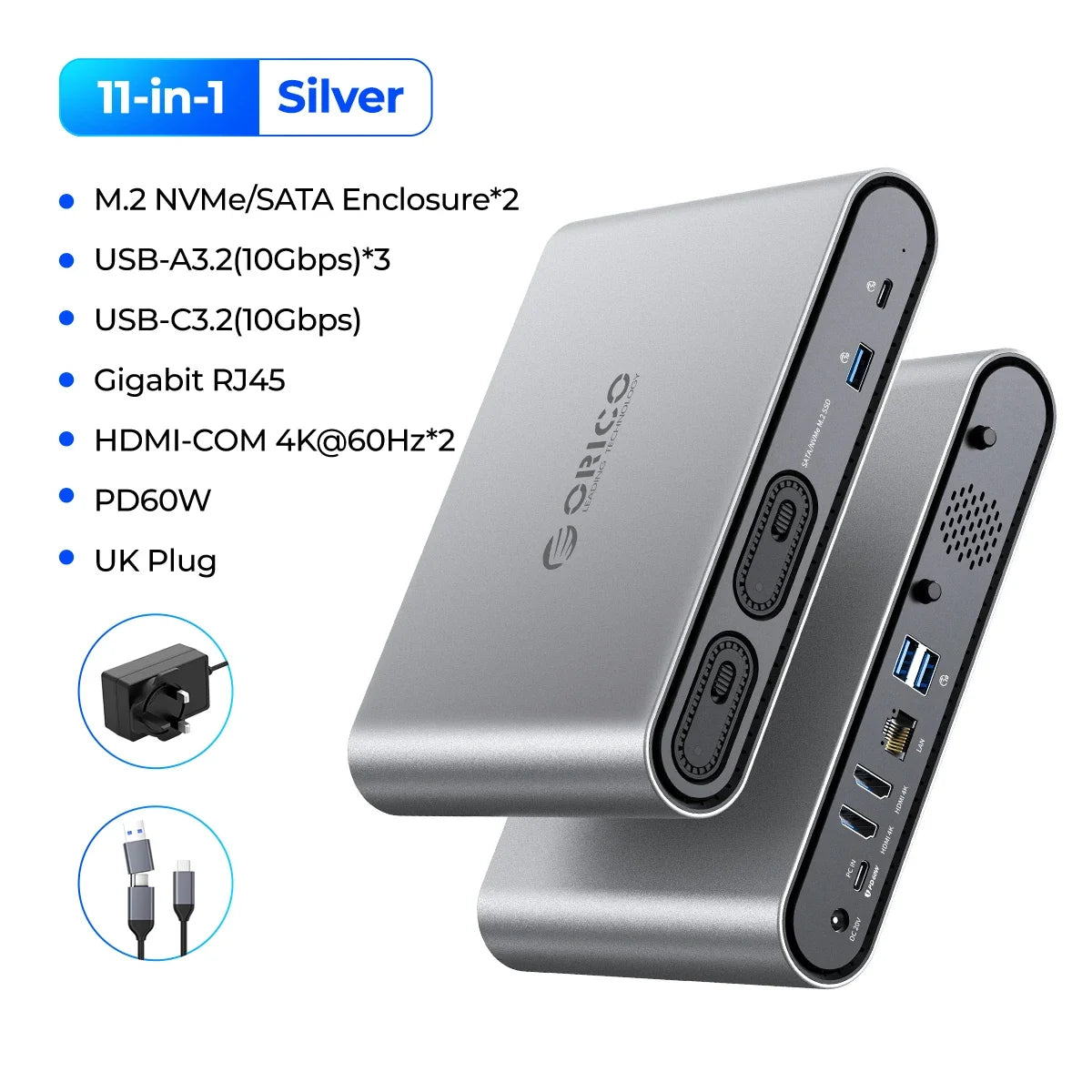 ORICO USB‑C Triple Display Docking Station with Dual M.2 NVMe/SATA SSD Enclosures