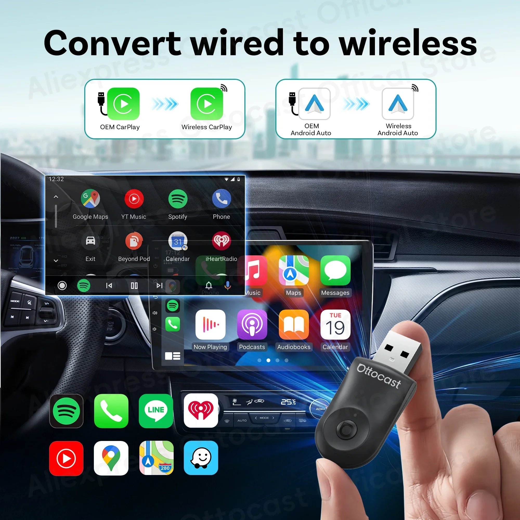 OTTOCAST Mini Wireless CarPlay & Android Auto Adapter