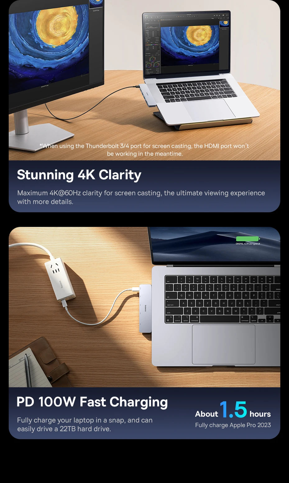 Baseus Dual USB‑C Hub | HDMI 4K@30Hz, Thunderbolt 3/4 40Gbps, USB 3.0, SD/TF