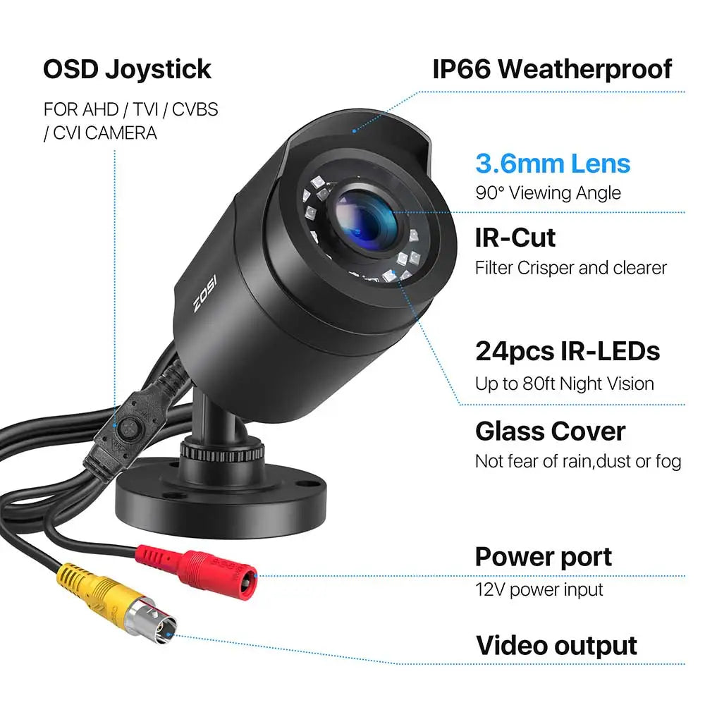 ZOSI 1080p 4‑in‑1 Security Camera – 2MP Outdoor Waterproof CCTV with 3.6mm Lens, 24 IR LEDs & 80ft Night Vision