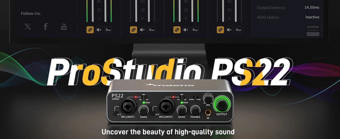 Maono PS22 – USB Audio Interface 24‑bit/192 kHz | 60 dB Pro Preamp, Dual USB, Low‑Noise Recording for Home Studio, Podcast & Streaming