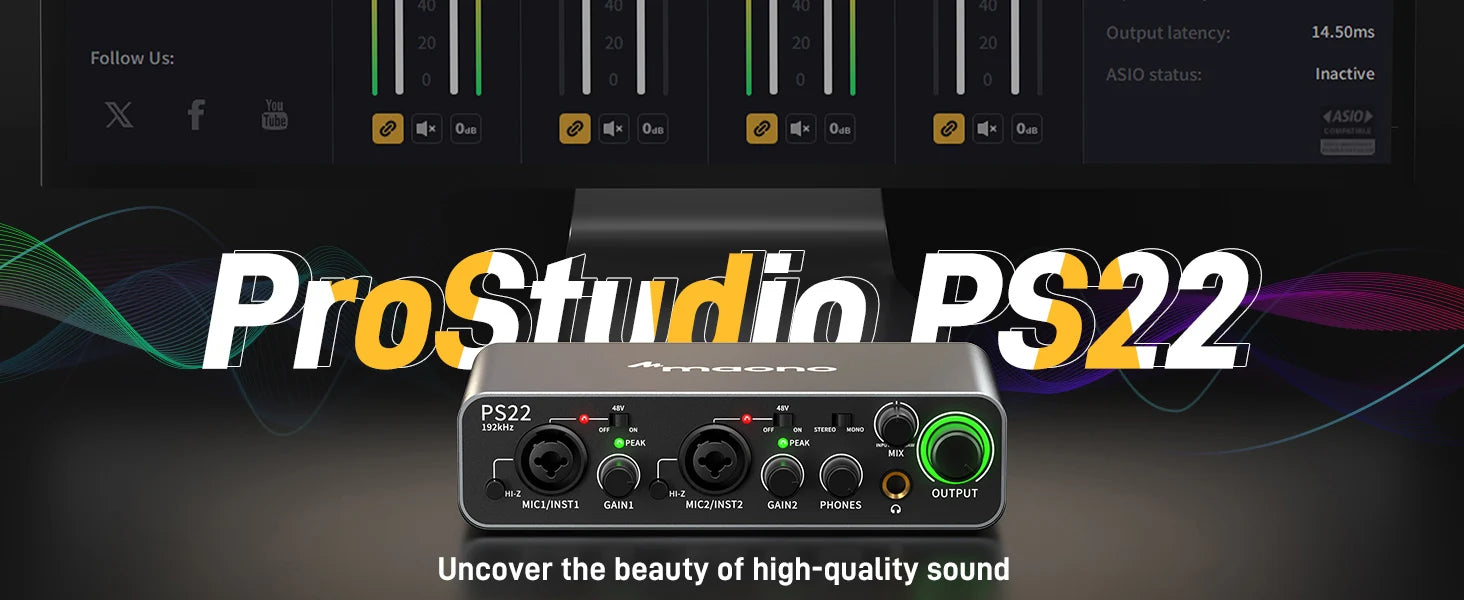 Maono PS22 – USB Audio Interface 24‑bit/192 kHz | 60 dB Pro Preamp, Dual USB, Low‑Noise Recording for Home Studio, Podcast & Streaming