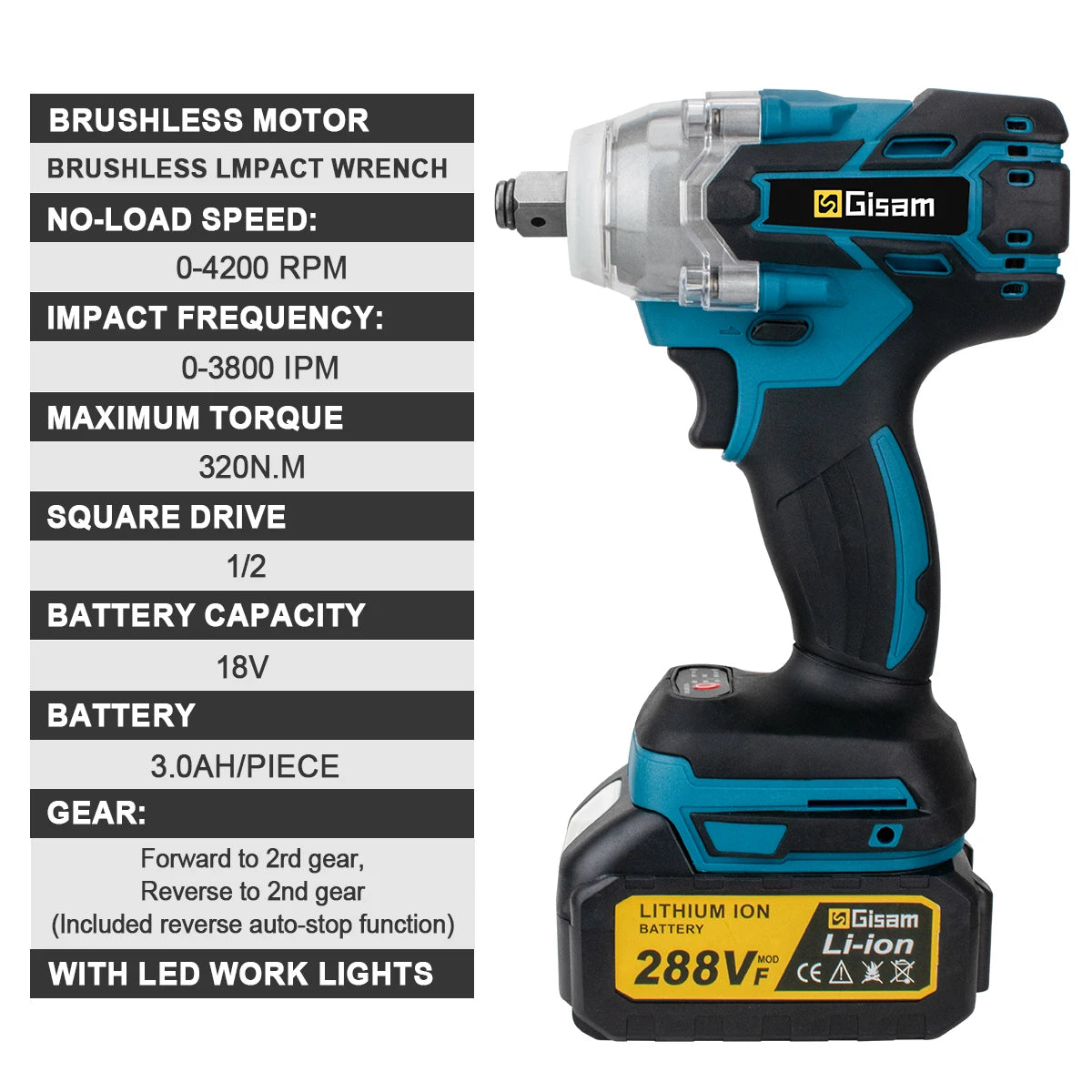 Gisam 320N.m Brushless Impact Wrench 1/2"