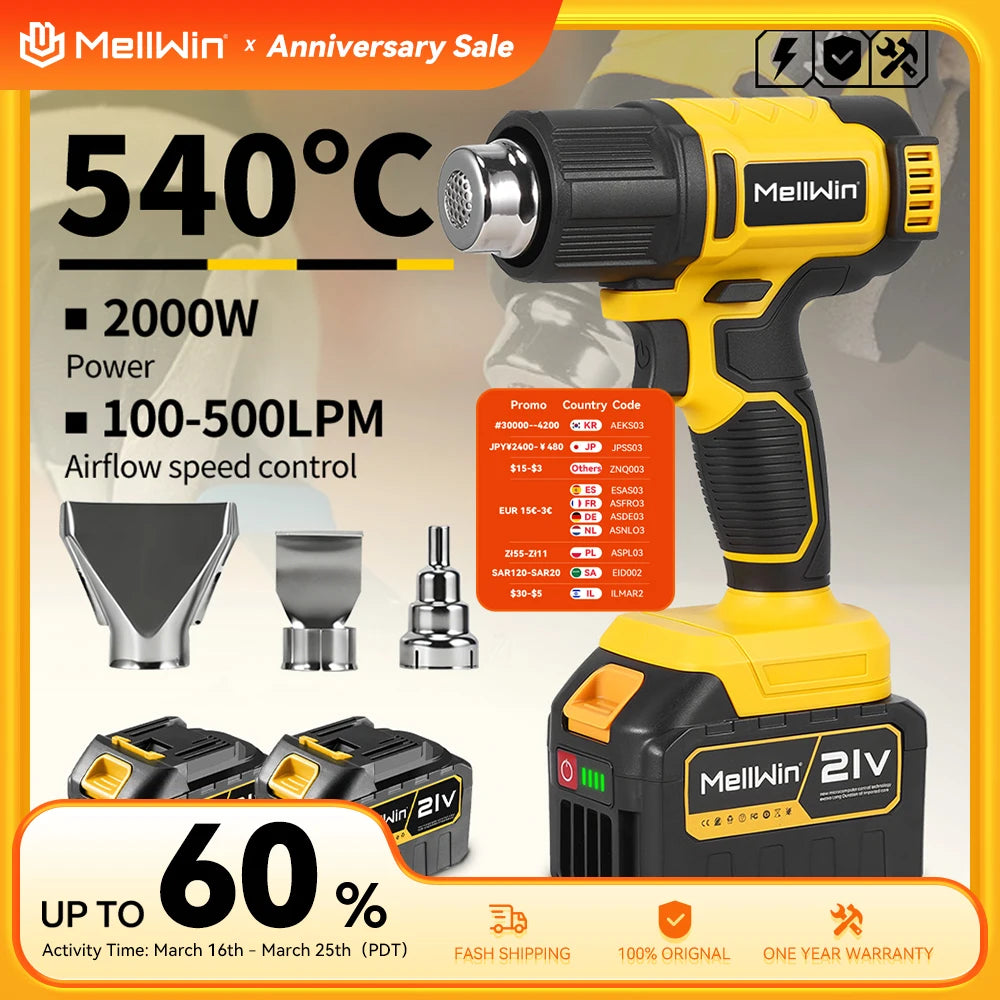 MELLWIN 540°C Cordless Electric Heat Gun 25 Gears Handheld Hot Air Blower Gun Home Welding Tools For Makita 18V Battery Pin - Limetastore