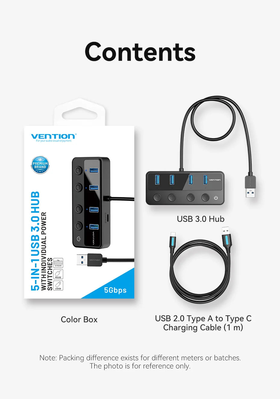 Vention USB 3.0 HUB with Individual Switches | 5Gbps High‑Speed USB‑A Port Extender
