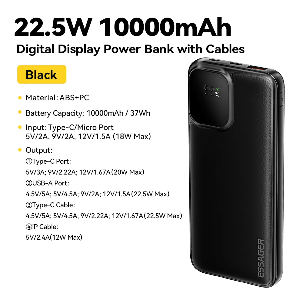 ESSAGER 20000mAh Power Bank with Two Built-in Cables 22.5W PD