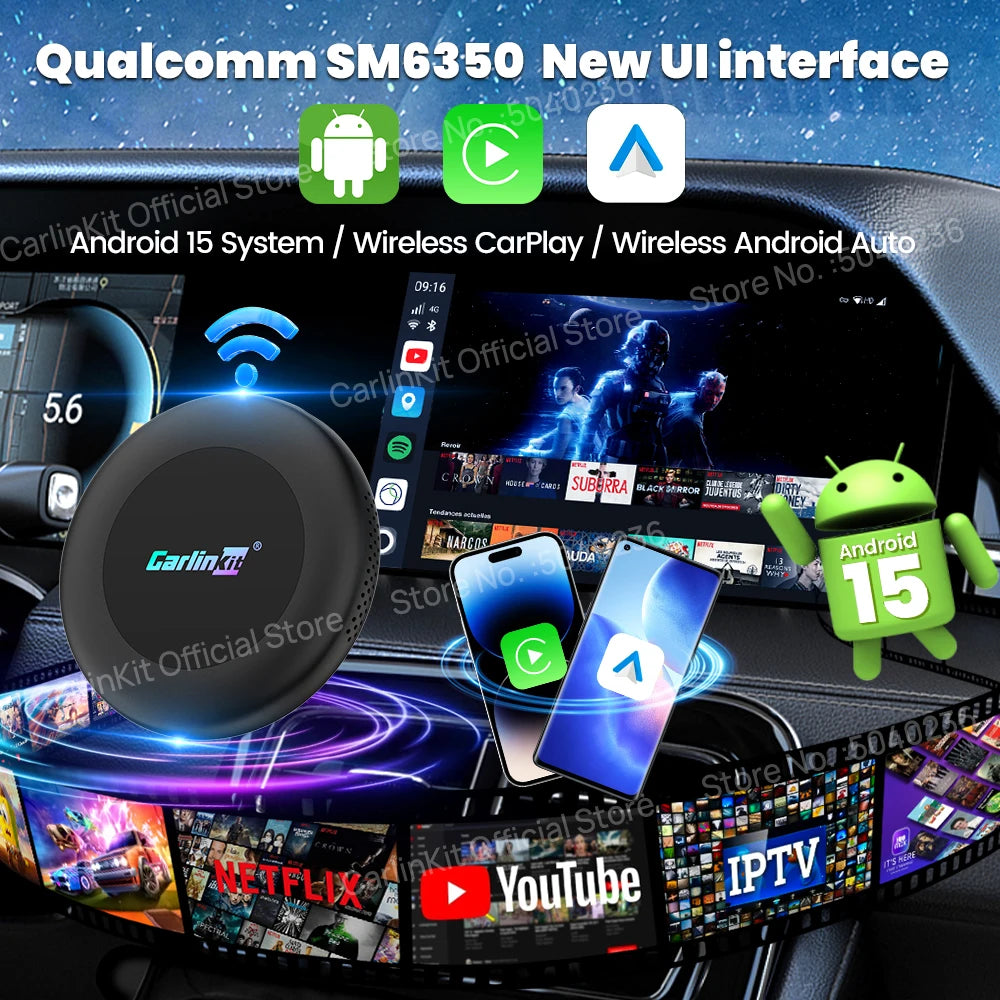 CarlinKit Android 15 SM6350 8+128GB Wireless CarPlay AI Box