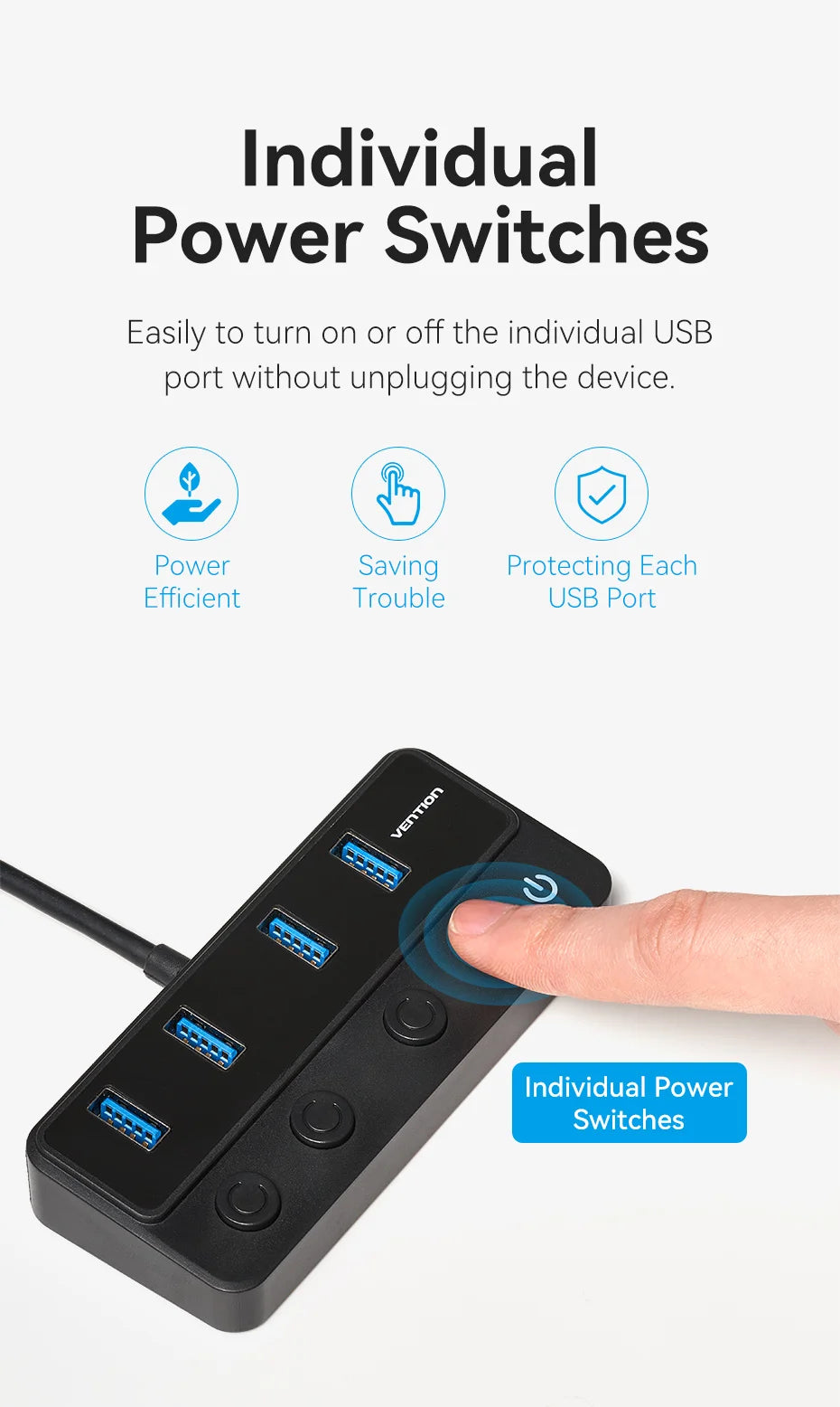 Vention USB 3.0 HUB with Individual Switches | 5Gbps High‑Speed USB‑A Port Extender