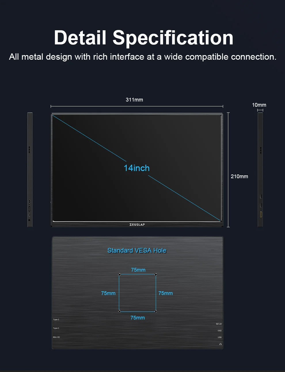 ZEUSLAP 14" Portable Monitor | 1920×1200 WUXGA, 16:10, 100% sRGB, 300 nits