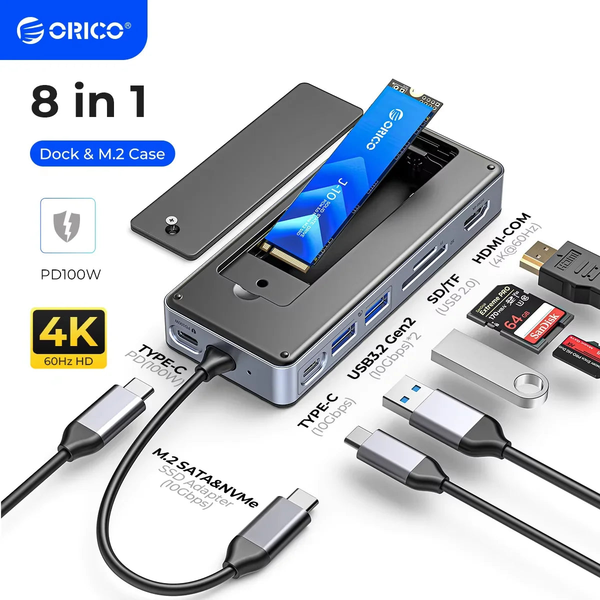 RICO USB‑C Hub Docking Station with M.2 NVMe/SATA SSD Enclosure