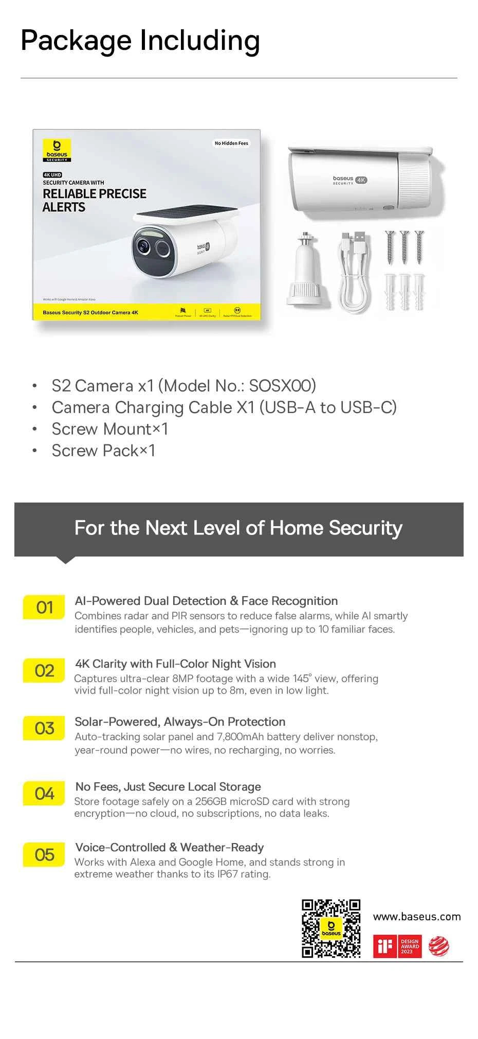Baseus Security S2 Outdoor Camera 4K Clarity Solar Wireless Wifi Camera Smart Face ID IP67 Waterproof 145°FOV Smart App Control - Limetastore