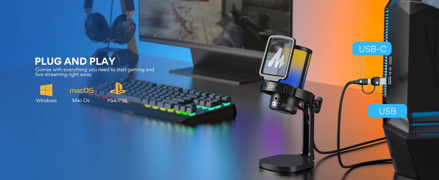 Maono DGM20 – USB Gaming Condenser Microphone | RGB Mic with Noise‑Reduction Software, Gain Control & One‑Key Mute for Streaming & Recording