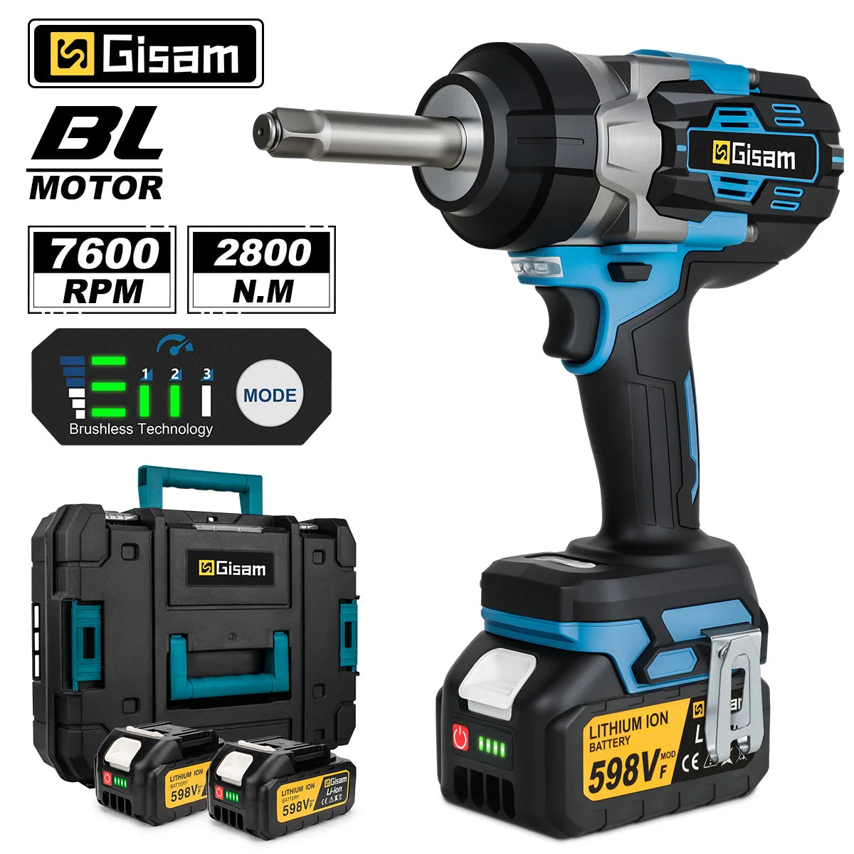 Gisam 2800N.m Brushless Extended Anvil Impact Wrench 1/2"