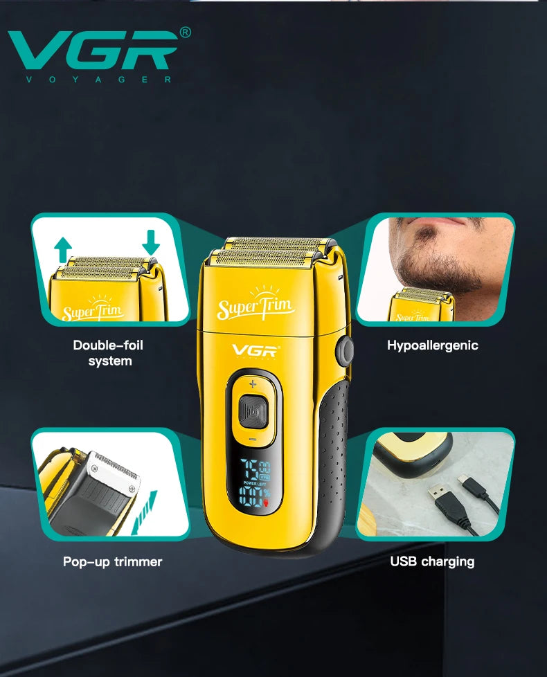 VGR Shaver Beard Trimmer Metal Twin Blade Shaving Machine Professional Rechargeable Usb Foil Electric Shaver Razor for Men V-332