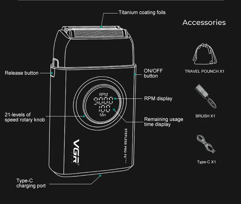 VGR Razor Electric Shaver Professional Beard Trimmer Rechargeable Trimmer 9000 RPM Razor Digital Display Shaver for Man V-378