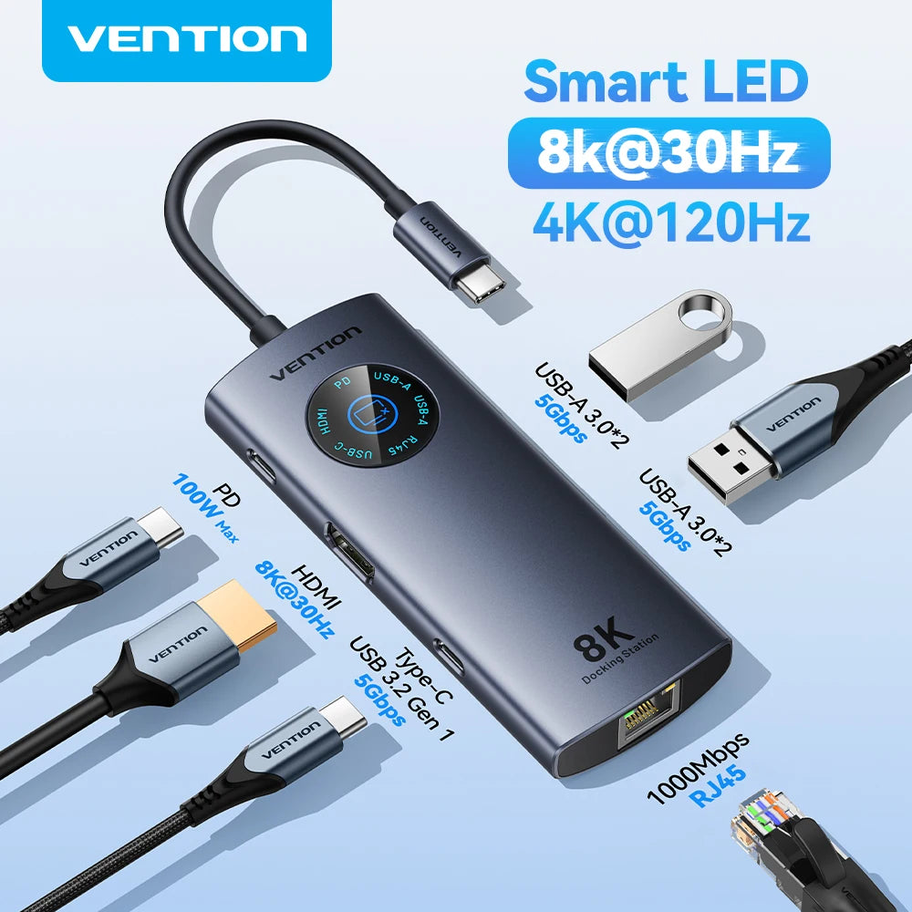 Vention USB‑C 8K/4K HDMI Hub | LED Display, USB‑A/C 3.0, 3.2 Gen1, Gigabit Ethernet Adapter