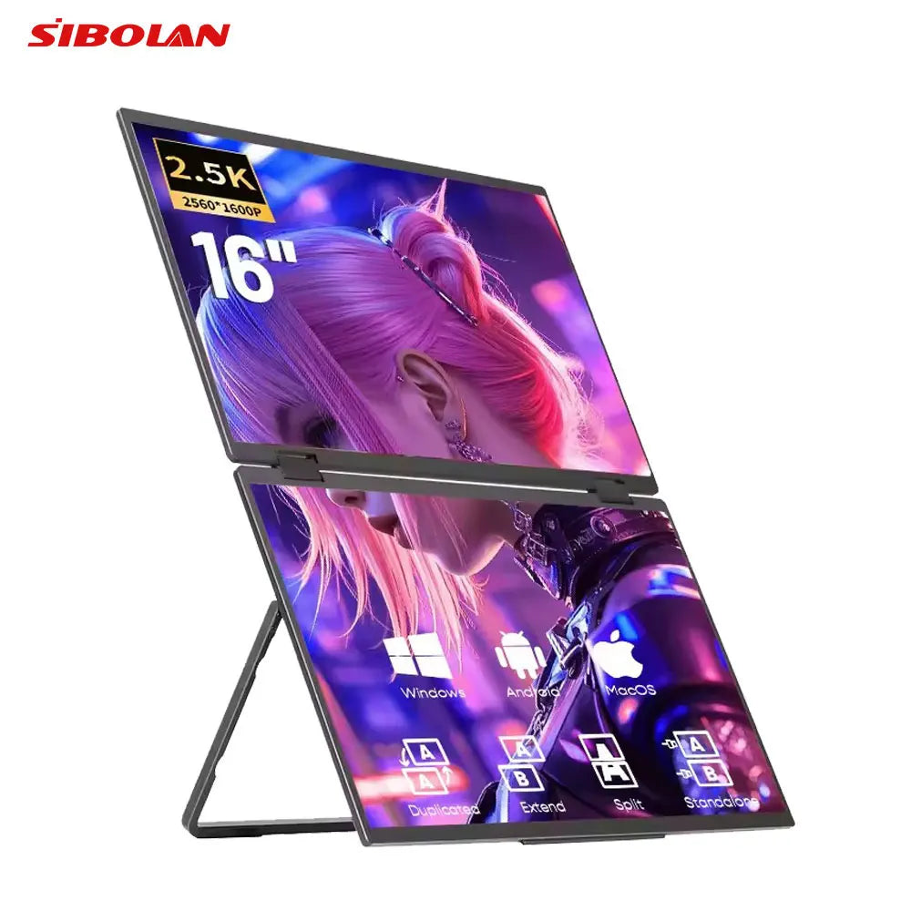 Sibolan 16 inch 2.5K Dual Screen Portable Monitor Laptop Foldable Extender 2560x1600P 60Hz USB-C HDMI Port For Gaming & Mac, Win - Limetastore