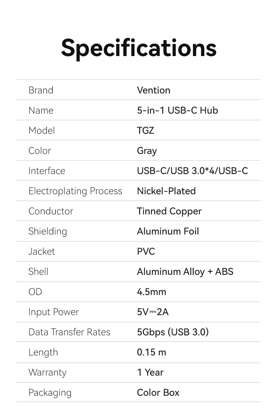 Vention USB‑C to USB‑A 4‑Port Hub | High‑Speed USB 3.0 Splitter for MacBook & Laptops