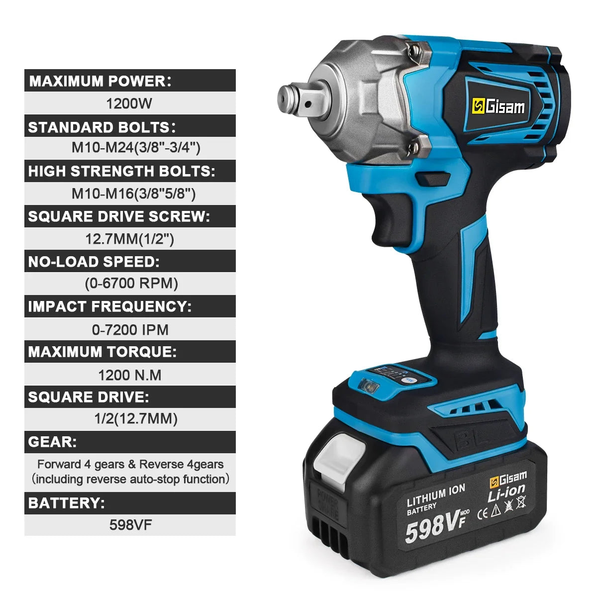 Gisam 1200N.m Brushless Impact Wrench 1/2" for Makita 18V