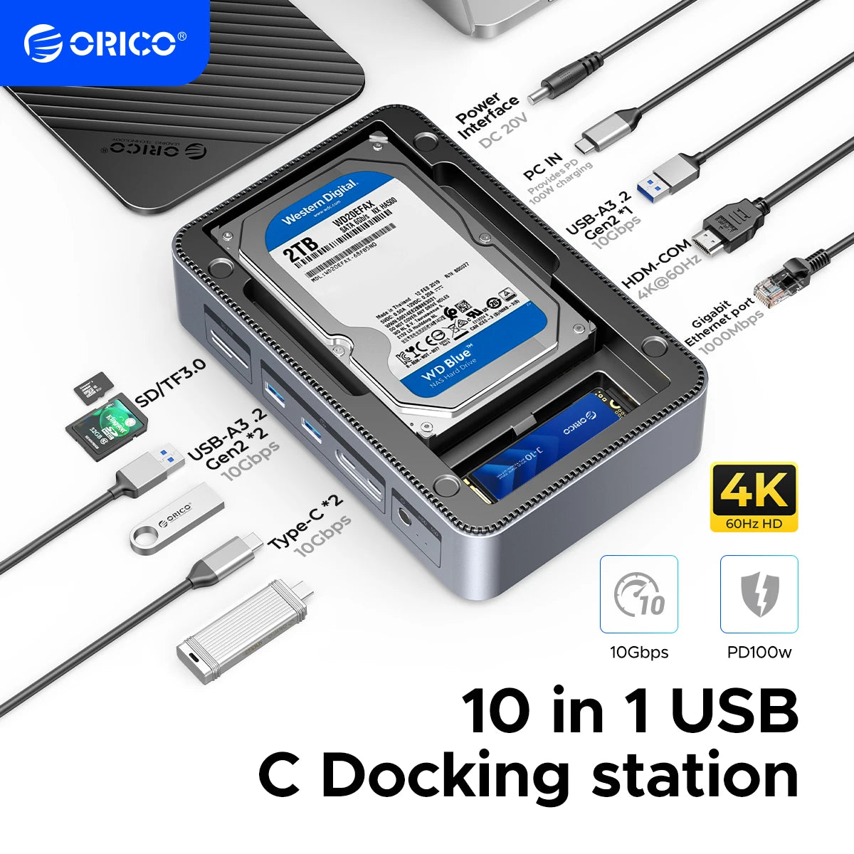 ORICO 10‑in‑1 Docking Station Deck with Dual M.2 NVMe SSD Enclosure, 3.5" Hard Drive Bay