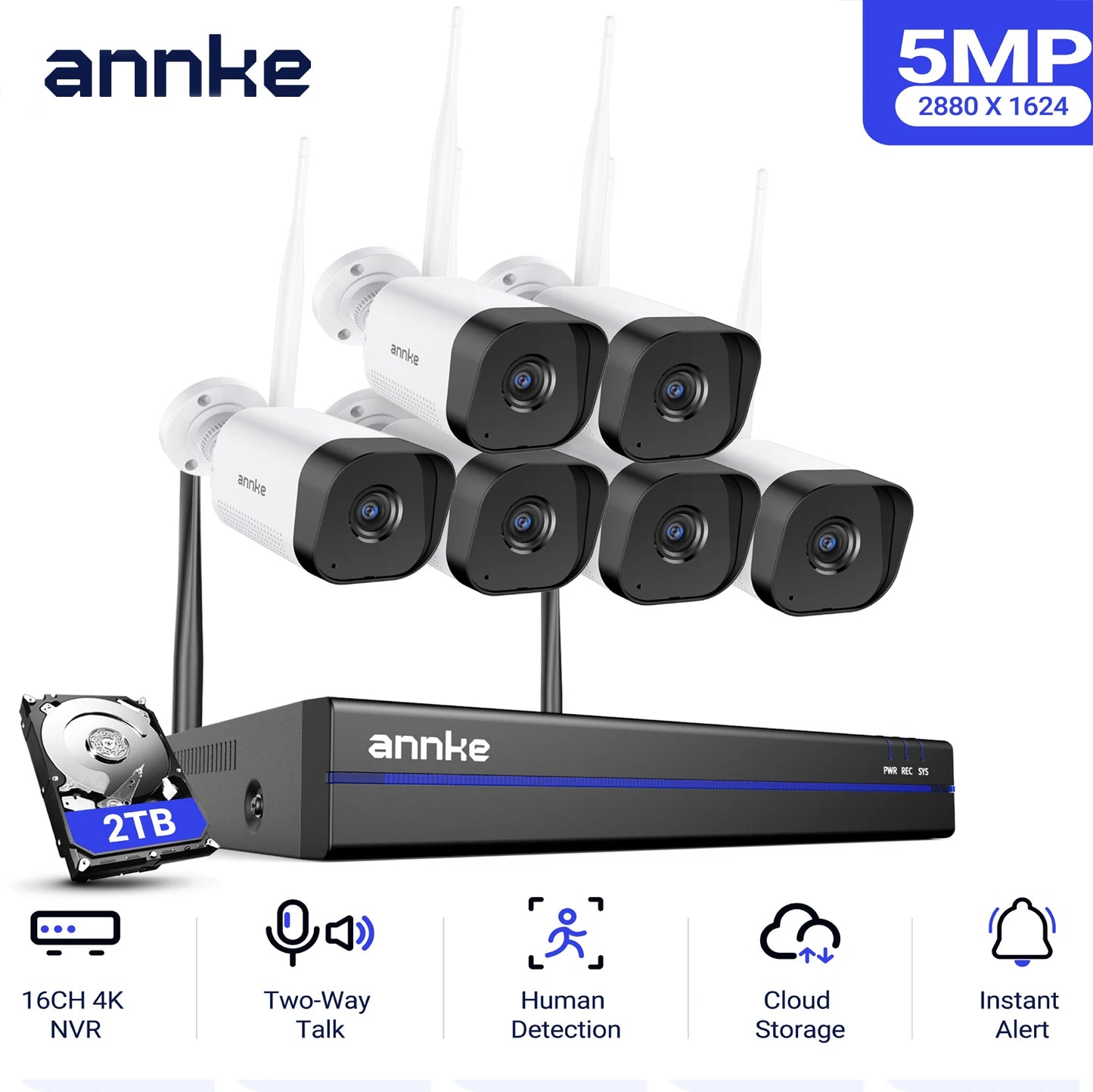 ANNKE WAS500 5MP Wireless CCTV System | 16CH 4K NVR, WiFi Cameras, Two‑Way Audio