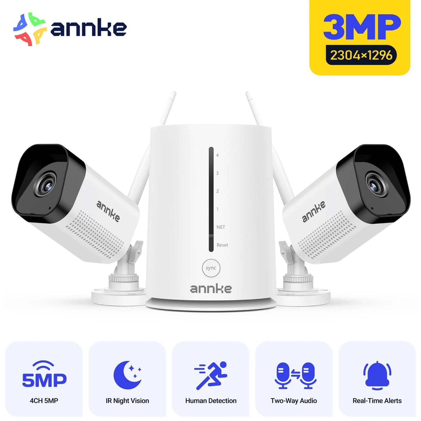 ANNKE 3MP/5MP Wireless CCTV System | 4CH NVR, Night Vision, IP66 Outdoor Cameras