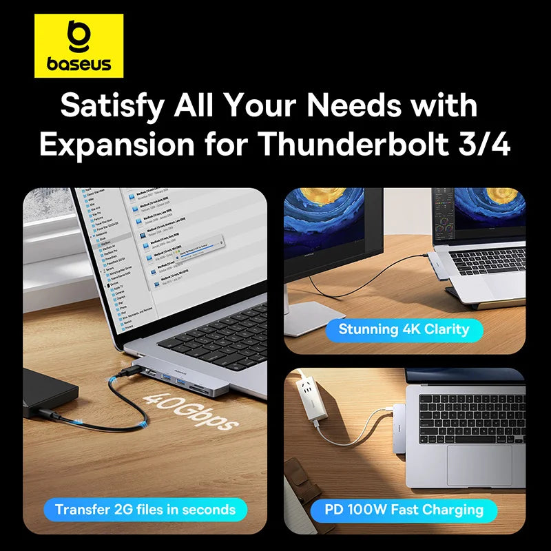 Baseus Dual USB‑C Hub | HDMI 4K@30Hz, Thunderbolt 3/4 40Gbps, USB 3.0, SD/TF