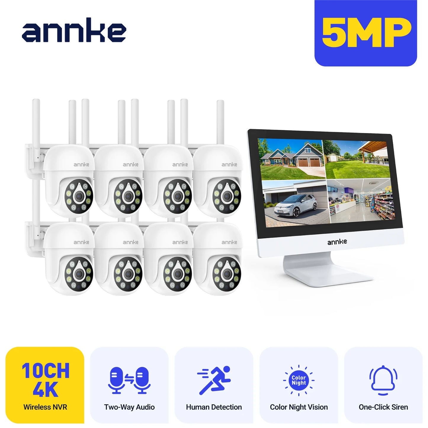 ANNKE 4MP Solar CCTV System | 10CH NVR, 5MP PTZ WiFi Cameras, PIR & Color Night Vision