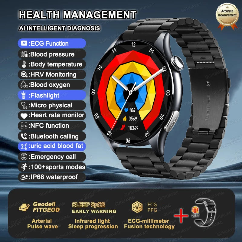 2025 New BMI Body Fat Blood Analysis Health Smartwatch NFC Bluetooth Call Smart Watch Led Flashlight Outdoor Sports Clock's Men - Limetastore