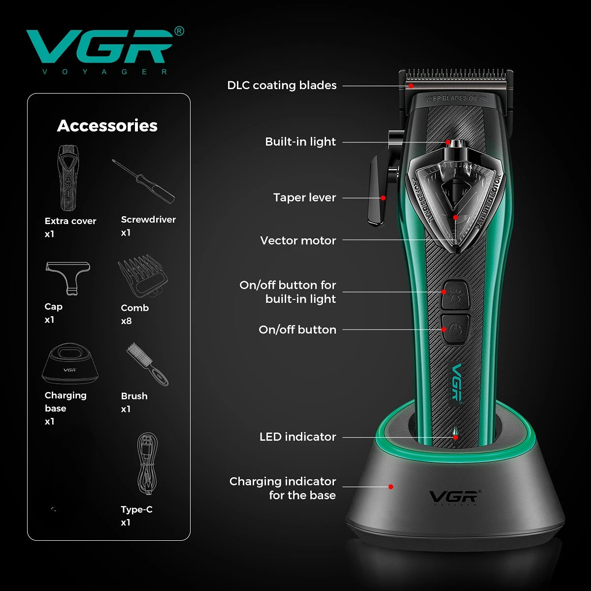 VGR Hair Trimmer Cordless Hair Cutting Machine Vector Motor 11000 RPM Electric Barber Adjustable Clipper Trimmer for Men V-883