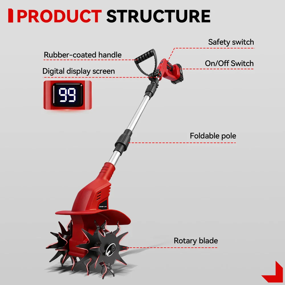 ONEVAN Brushless 1600W Electric Rototiller Tiller Cultivator Lawn Mower Cordless Scarifier Garden Tool For Makita Battery Pin