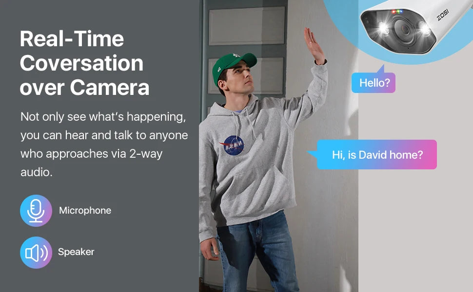 ZOSI 4K 8MP PoE Add‑On IP Camera – Ultra HD Security Cam with Two‑Way Audio, Full‑Color Night Vision