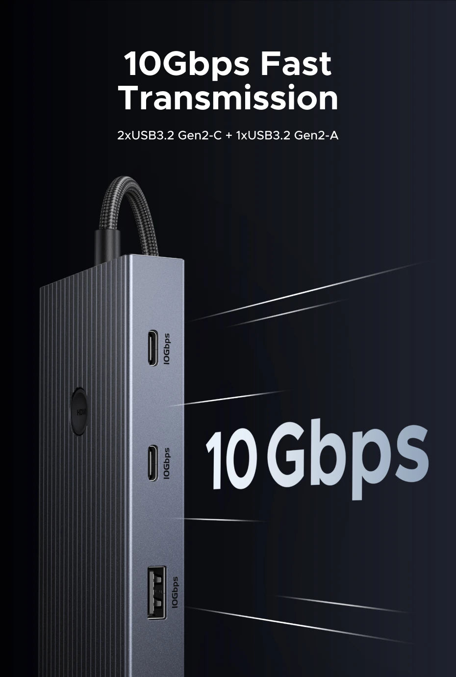 UGREEN 10Gbps USB‑C Hub with 4K60Hz HDMI, Gigabit RJ45, PD100W, SD/TF & USB‑A/C Ports