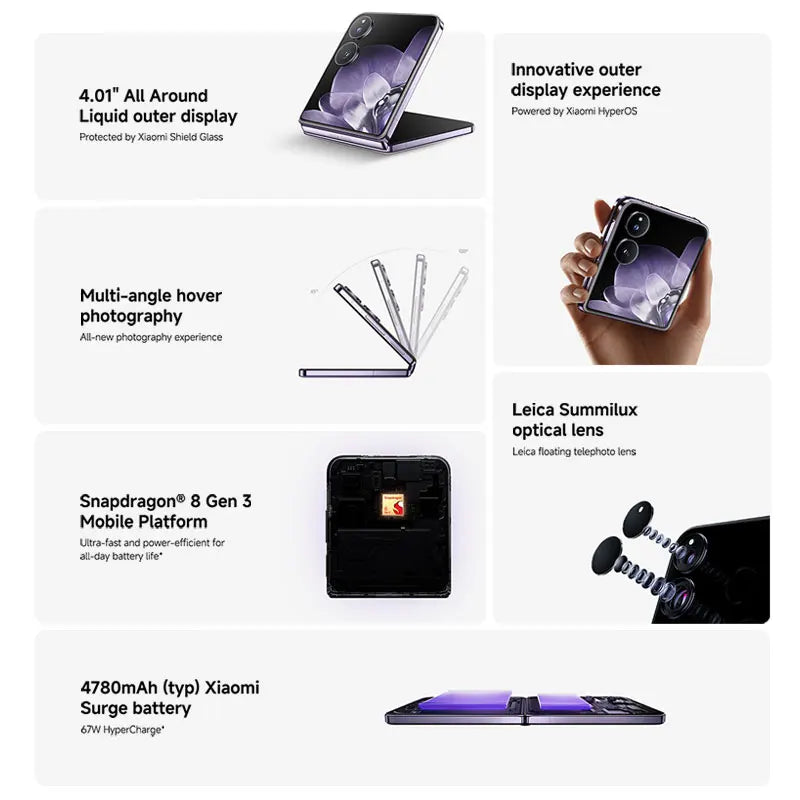 FR Warehouse Xiaomi MIX Flip Smartphone Global Version New Snapdragon 8 Gen 3 CPU 50MP Leica Camera  12GB RAM 512GB ROM 6.86 inch Foldable Display NFC - Limetastore