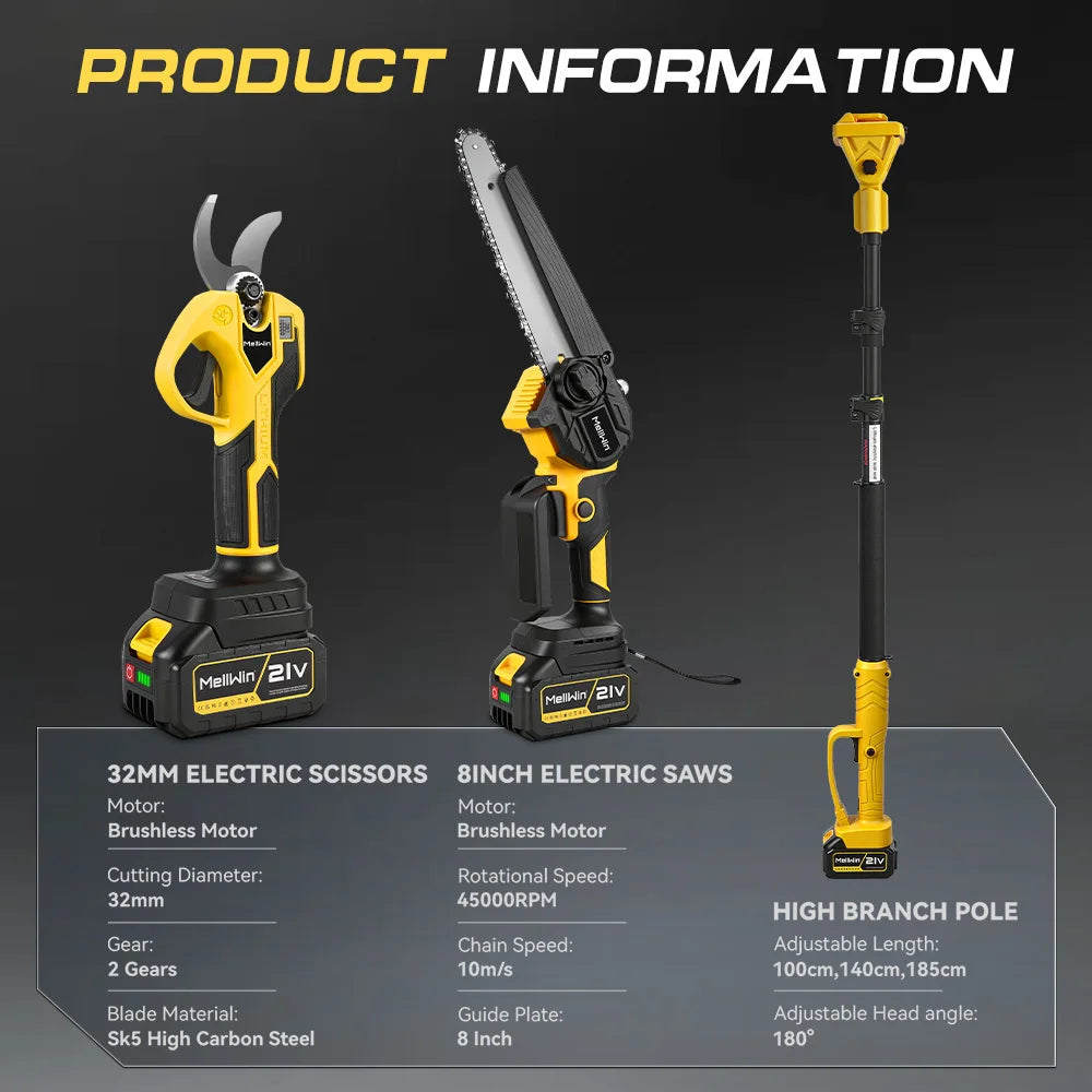MELLWIN Brushless 4IN1 Telescoping Pole 8 Inch Chainsaw & 32MM Pruning Shears Set Garden Pruning Tool For Makita 18V Battery Pin - Limetastore