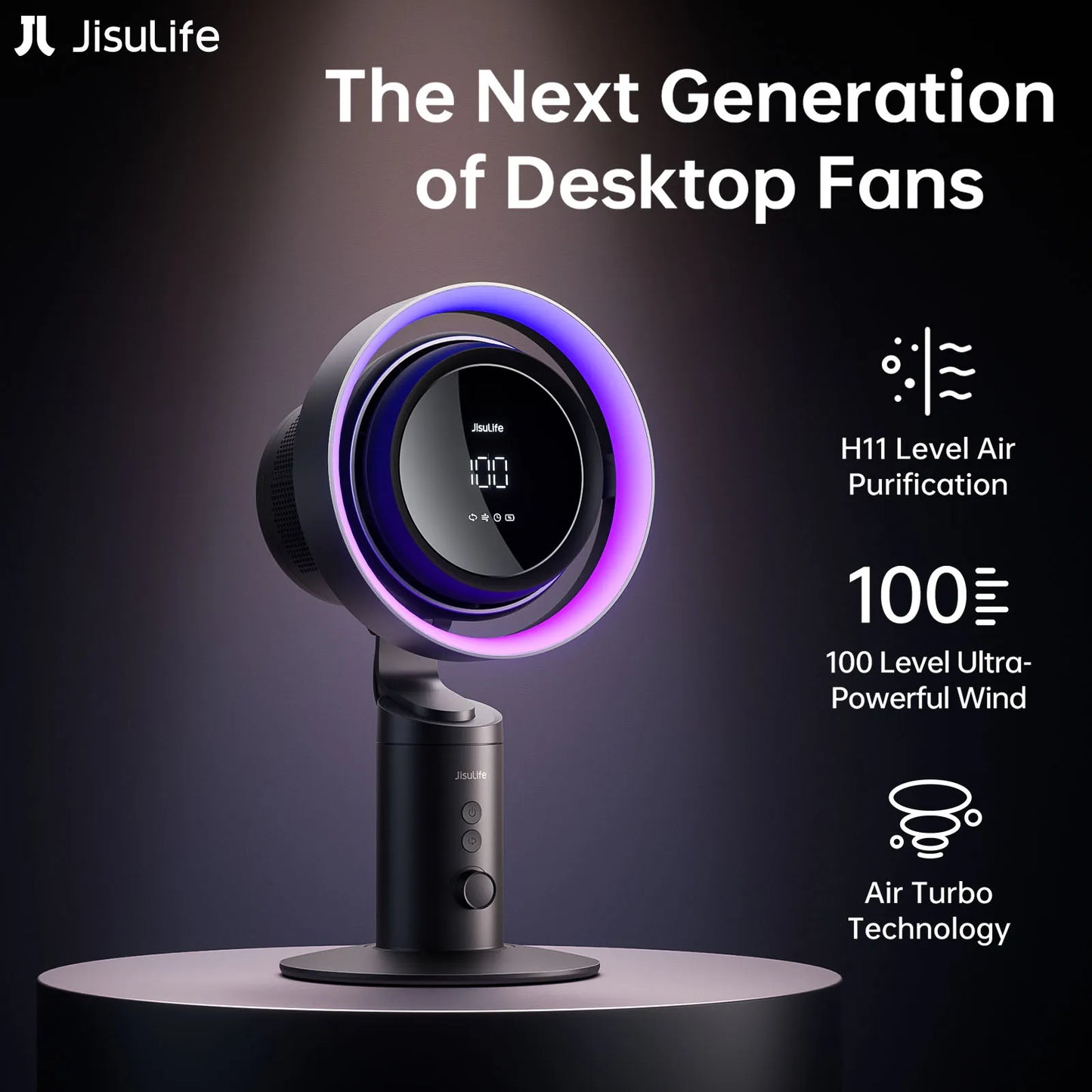 JISULIFE H11 Smart Desktop Fan & Air Purifier – H11 HEPA Filter, 10000mAh Battery