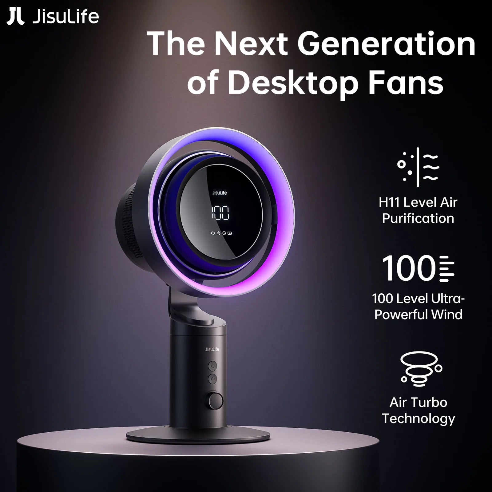 JISULIFE H11 Smart Desktop Fan & Air Purifier – H11 HEPA Filter, 10000mAh Battery