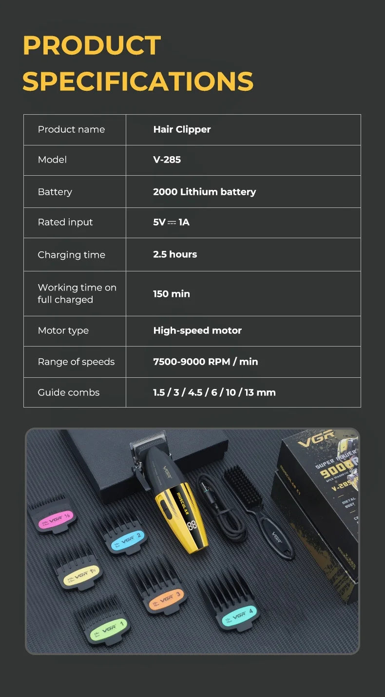 VGR Hair Trimmer Professional Hair Cutting Machine Cordless Hair Clippers Adjustable Barber Rechargeable Trimmer for Men V-285