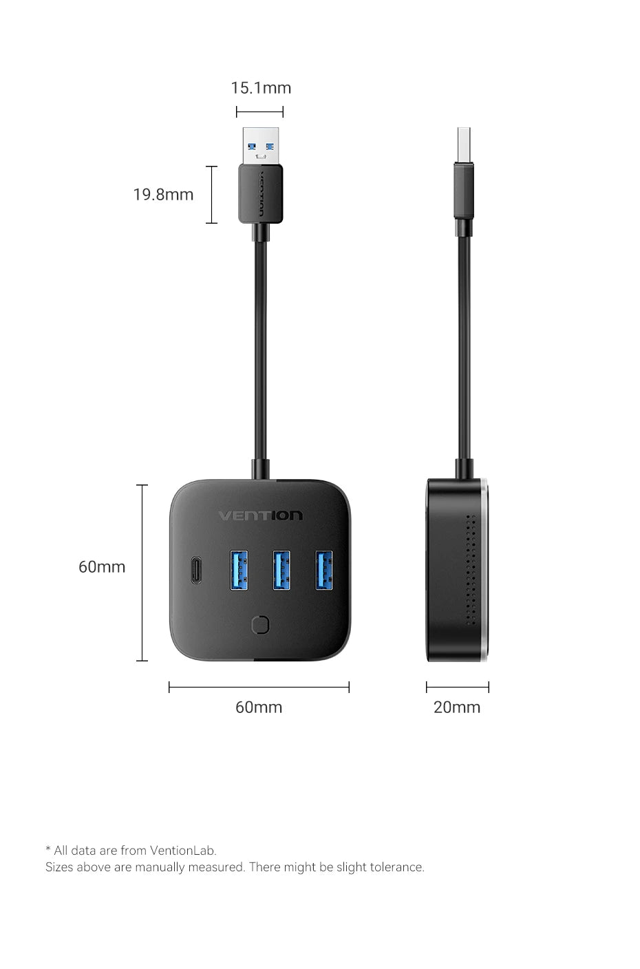 Vention USB 3.0 / USB‑C 3.2 Gen1 RGB Hub | 4‑Port 5Gbps Desktop Splitter for PC & Laptop
