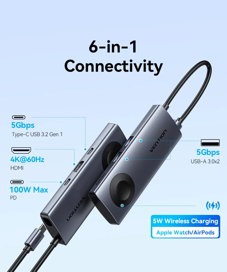 Vention USB‑C 6‑in‑1 Hub | 4K60Hz HDMI, PD 100W, USB 3.0, Apple Watch Wireless Charger