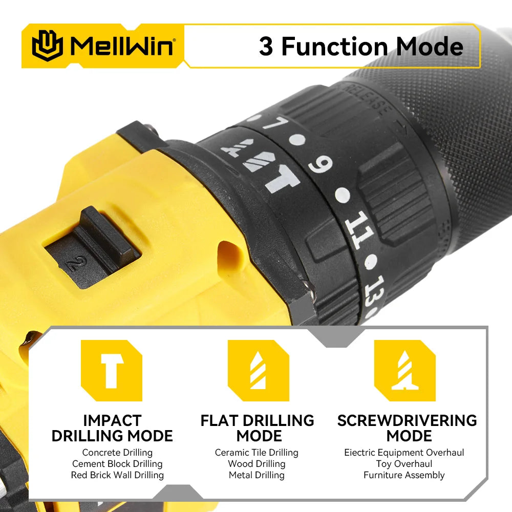 MELLWIN 480N.m Brushless Electric Impact Drill Set 3 IN 1 Cordless Multipurpose Screwdriver Tool Set For Makita 18V Battery Pin - Limetastore