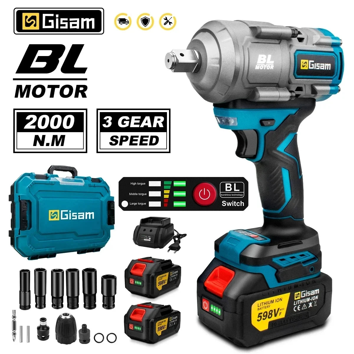 Gisam 2000N.m Brushless Impact Wrench 1/2"