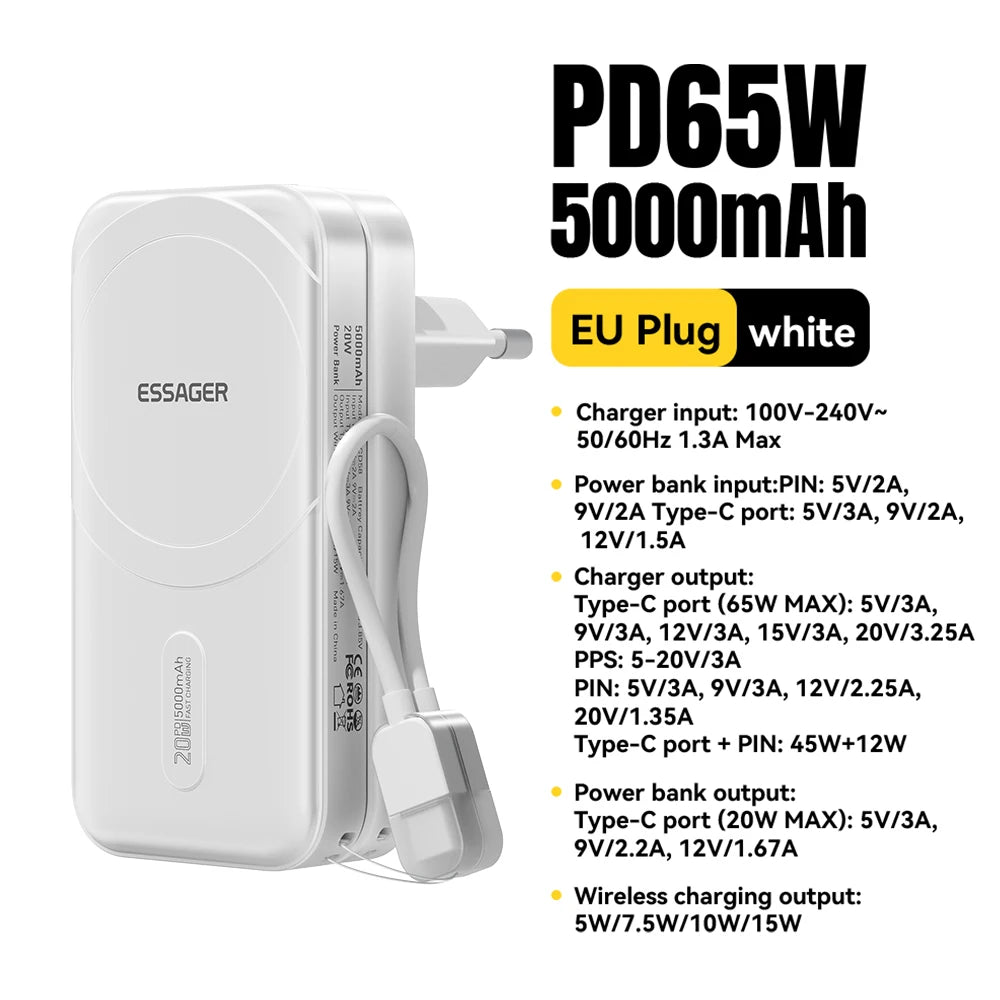 ESSAGER 3-in-1 Magnetic 65W GaN Charger Power Bank 5000mAh