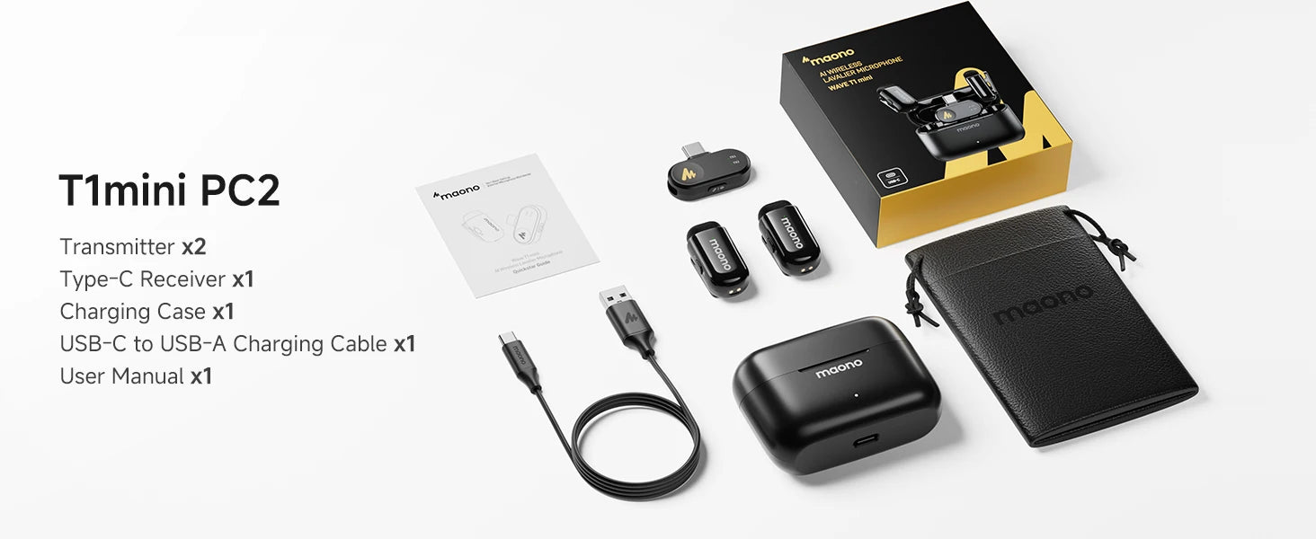 Maono T1mini – Wireless Lapel Microphone for Phones | Noise‑Cancellation, Auto‑Clipping & App Control for Professional Audio/Video Recording