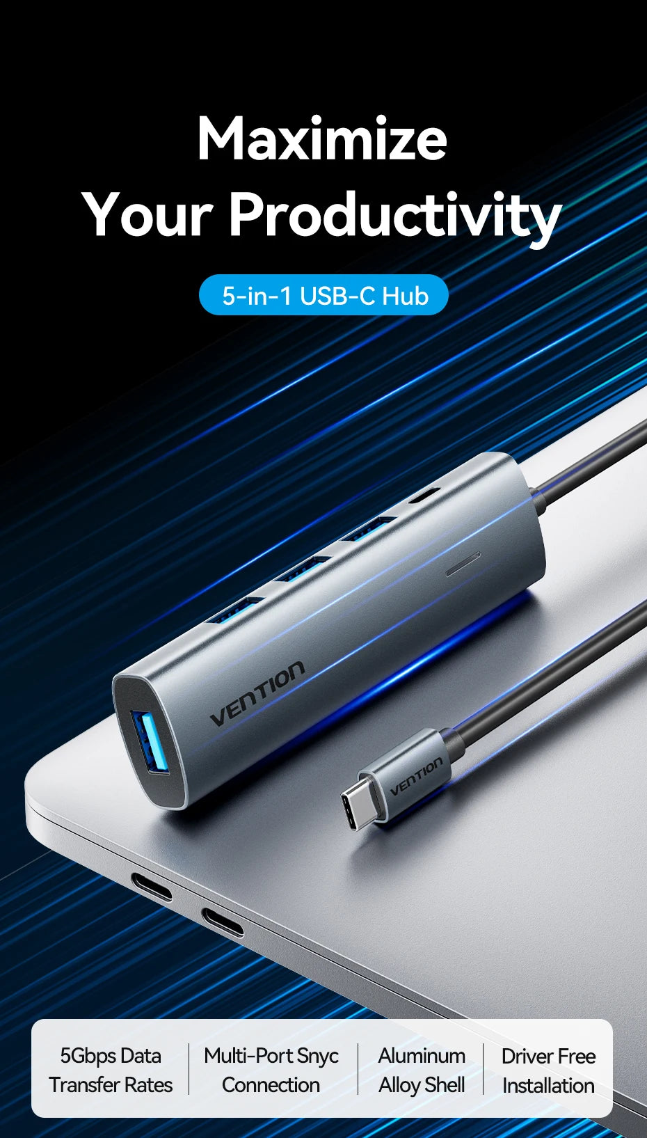 Vention USB‑C to USB‑A 4‑Port Hub | High‑Speed USB 3.0 Splitter for MacBook & Laptops