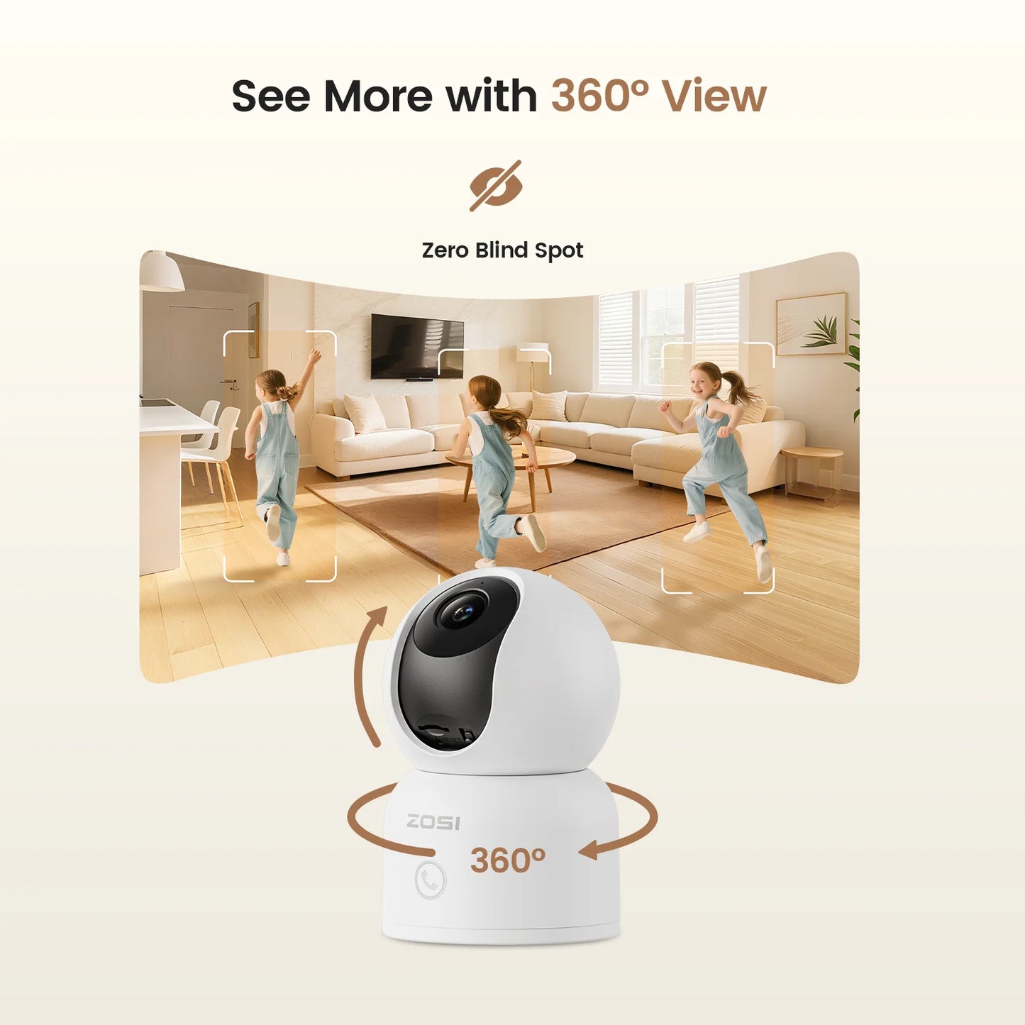 ZOSI C518 2K/4K Indoor Pan‑Tilt Smart WiFi Camera – 360° Baby & Pet Monitor with AI Human Tracking