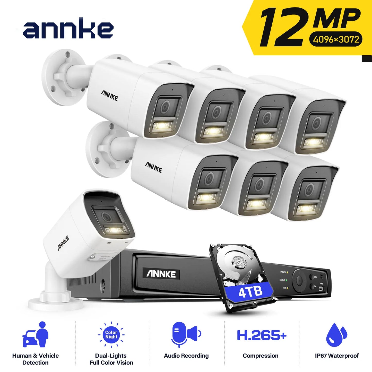 ANNKE 12MP PoE CCTV System | 8CH H.265+ NVR, 4/8× 12MP Cameras, Audio Recording