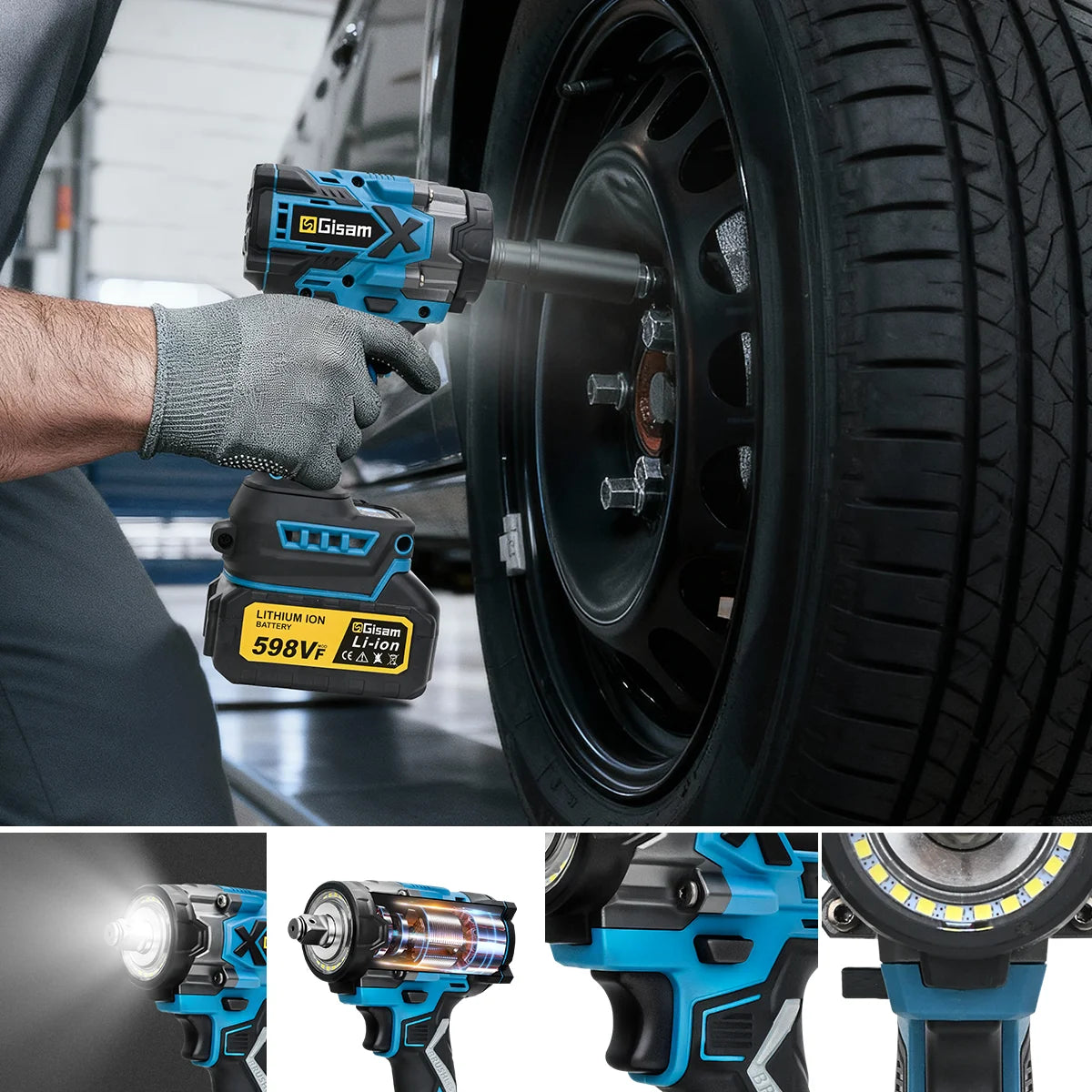 Gisam 900N.m Torque Brushless Electric Impact Wrench 1/2 inch Cordless Drill Screwdriver Power Tool Set For Makita 18V Battery